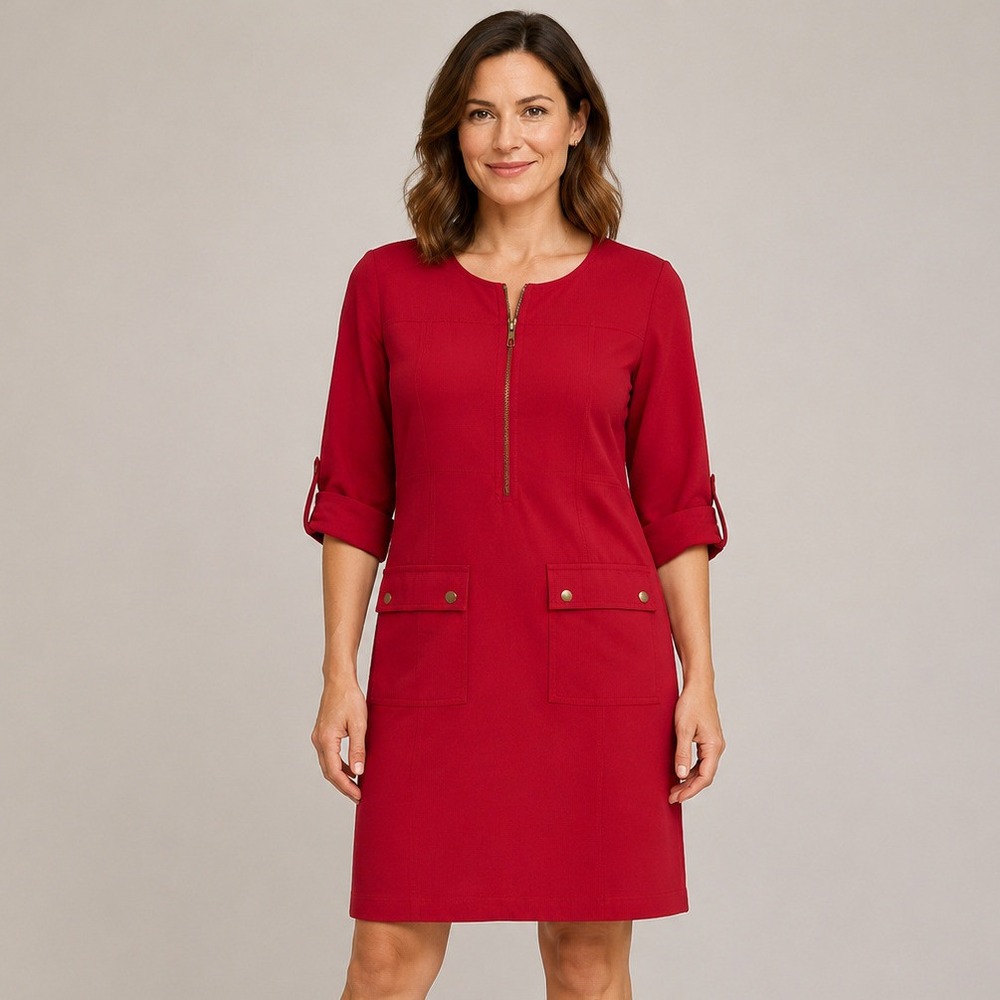 Sharagano Womens Red Utility Sheath Dress Size 8 Front Zip Roll Tab Sleeve